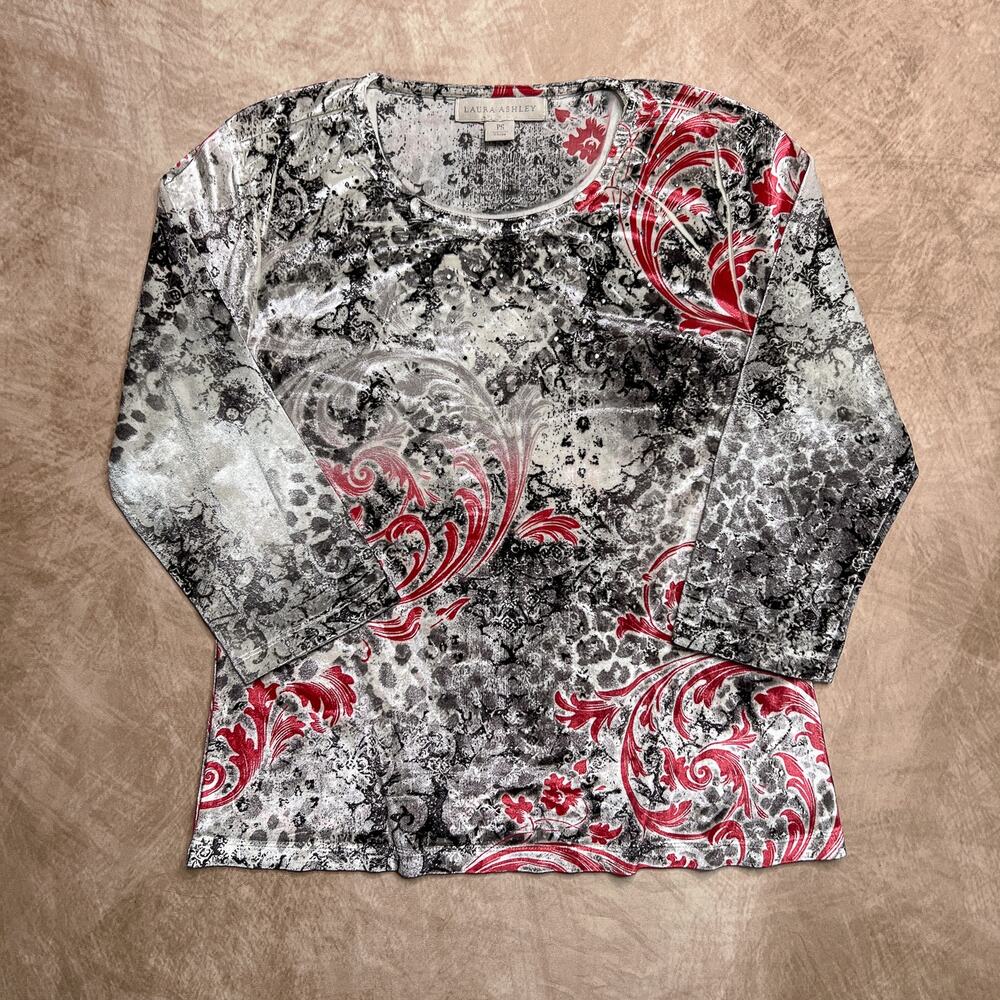 Vintage 90s Laura Ashley Rocaille Rhinestone Velour Top Half Sleeve Gray Red